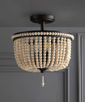 Boho Farmhouse 3 Light LED Semi Flush Mount Ceiling Chandelier With Cream Wood Bead Shade Black And Light Taupe Beaded Fixture