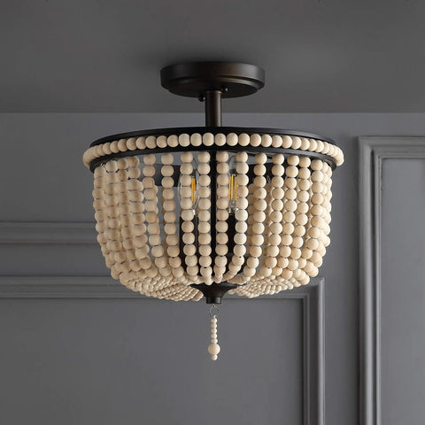 Boho Farmhouse 3 Light LED Semi Flush Mount Ceiling Chandelier With Cream Wood Bead Shade Black And Light Taupe Beaded Fixture