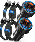 65 Watt Four Port Type C Car Charger Kit With Four Reinforced Usb C Cables, showcasing two ports and various cable lengths.