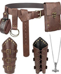 Top Shelf Medieval Adventurer Kit Beefy Leather Belt with fitted arm bracers, canvas coin purse, vintage locket.