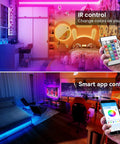 100 Ft RGB LED Strip Lights With Remote And App Control illuminating bedroom and home office with vibrant colors via Bluetooth music sync.