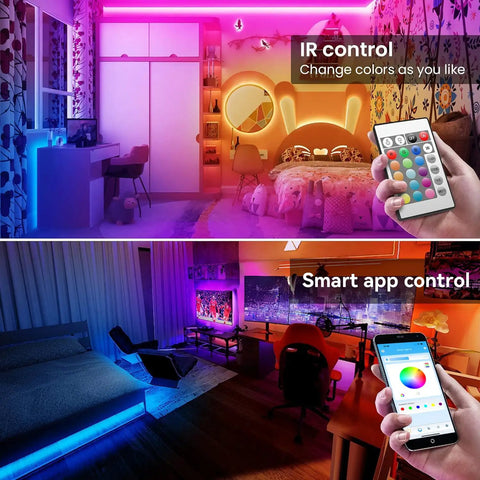 100 Ft RGB LED Strip Lights With Remote And App Control illuminating bedroom and home office with vibrant colors via Bluetooth music sync.
