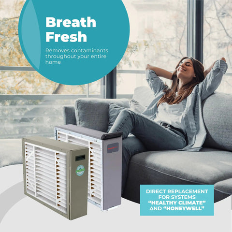 Woman relaxing on couch with High Performance MERV 11 Air Filter For HVAC AC Furnace 20x25x4, 2 Pack With Cleaning Cloth displayed.