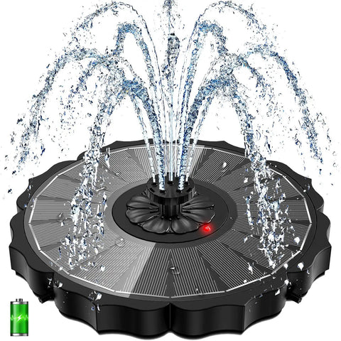 Sun Powered Solar Fountain Pump With 2000mAh Battery And Indicator LED, 3.5W glass flower shape, water flowing from seven nozzles.