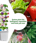 Dope Six Tier Vertical Hydroponics Tower With 30 Plant Pods showcasing plant growth with vegetables, fruits, herbs, and flowers.