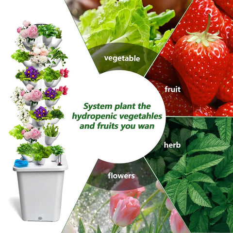 Dope Six Tier Vertical Hydroponics Tower With 30 Plant Pods showcasing plant growth with vegetables, fruits, herbs, and flowers.