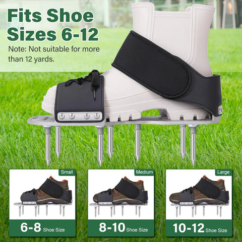 Heavy Duty Lawn Aerator Shoes with Thick Metal Base and Longer Steel Spikes Adjustable Straps displayed on grass.