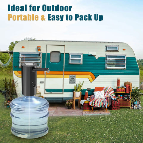 Foldable Water Dispenser Pump For 5 Gallon Bottles, Portable USB C Electric Submersible Jug Pump in a camping setting