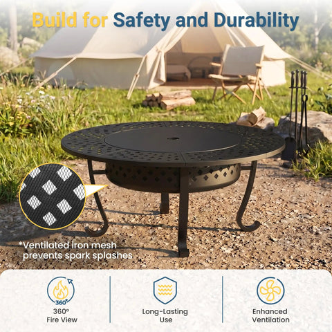 Three In One Extra Large Outdoor Fire Pit Table For Backyard Hangouts with protective lid in garden setting