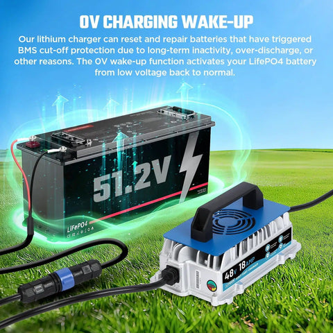 58.4V 18A 1250W LiFePO4 Battery Charger For Fast Charge With 0V Wake Up IP67 Waterproof 48V 51.2V Range Golf Cart Forklift RV Boat Solar System LiFePO4 Batteries charging a 51.2V battery on grass