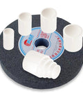 8 Piece Reducing Bushing Adapters For Bench Grinder Wheels Set 2 Sets Included Four Bushing Sizes For Three Quarter Inch Wheels Inner Diameters One Half Inch Five Eighths Inch Three Quarters Inch And One Inch To One And A Quarter Inch Plastic shown with grinding wheel