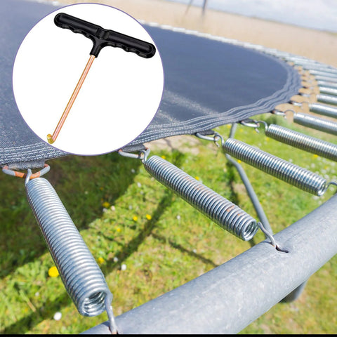 Close-up view of trampoline springs with inset image of 2 Pack Trampoline Spring Pull Tool With T Hook Universal Fit Easy Pull Design.