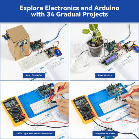 Inventor Lab Starter Kit With Arduino Uno R3 Multimeter 34 Projects showing four electronic projects and multimeter use