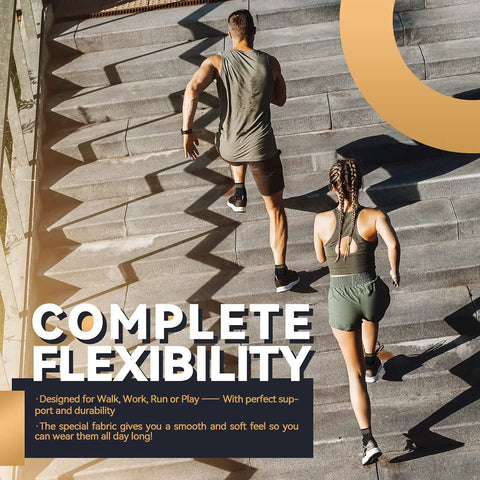 Two people running on steps wearing Copper Infused Ankle Brace For Men And Women Pair With Pain Relief For Plantar Fasciitis.