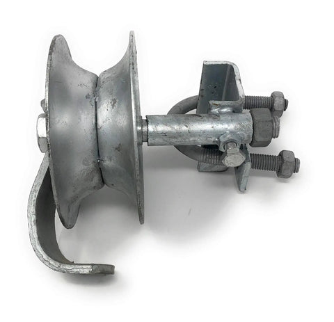 Side view of rear track roller guide roller for light duty chain link gates with heavy bracket and single bearing.