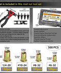 Rivet Nut Tool Kit 500-Piece Set with manual tool and assorted 1/4-20, 10-24, 8-32, 6-32 rivet nuts in a transparent case