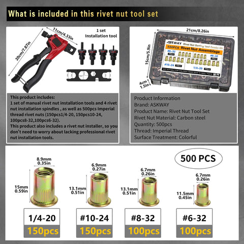 Rivet Nut Tool Kit 500-Piece Set with manual tool and assorted 1/4-20, 10-24, 8-32, 6-32 rivet nuts in a transparent case