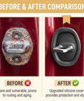 Before and after comparison of Slick Silicone Door Lock Protectors Universal Auto Latch Guards on car door latches.