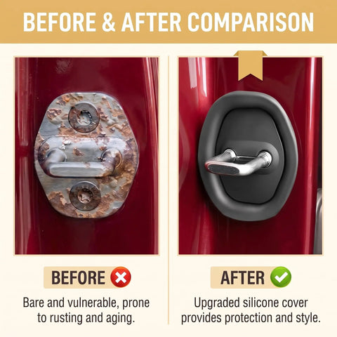 Before and after comparison of Slick Silicone Door Lock Protectors Universal Auto Latch Guards on car door latches.