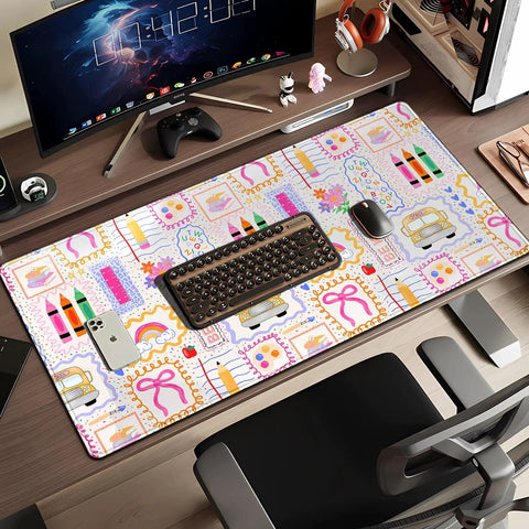 Pink Cute Desk Pad 31.5 By 15.7 Inches Large Mouse Pad For Keyboard And Mouse on a workspace, non-slip base, playful design.