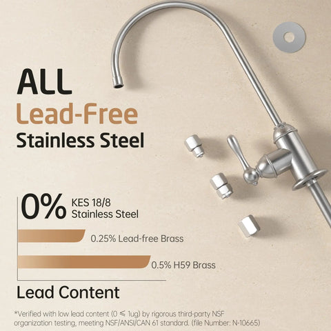 KES NSF Certified All Metal Drinking RO Water Faucet Non-Plastic Connector with lead-free stainless steel and components.