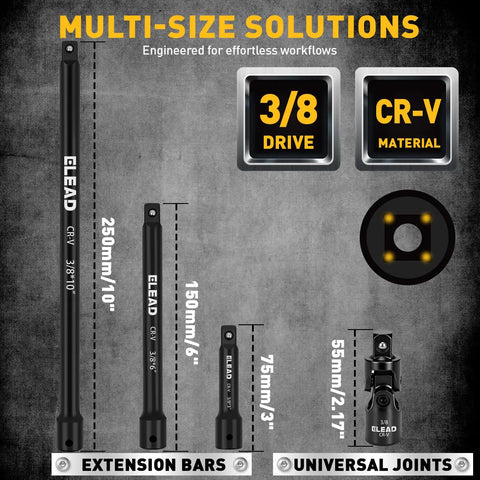 Heavy Duty Three Eighth Inch Drive Extension Bar Set With Three Six And Ten Inch Extensions Plus Universal Joint Socket Pro Grade Chrome Vanadium Steel Wrench Extender For Auto Repair And Mechanical Maintenance shown with sizes and material details on a chart.