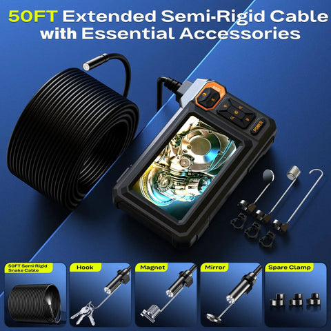 Borescope Camera With Light For Tight Spaces 4.3 Inch IPS HD Display Live View Inspection Camera With 50ft SemiRigid Cable Pro Grade High Definition 1920P Easy Snaking Access For Automotive Plumbing HVAC, 50ft cable and accessories