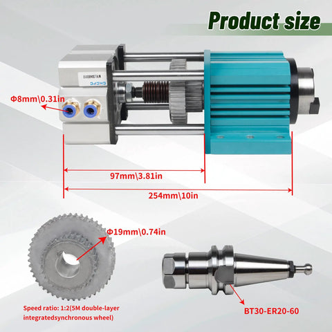 BT30 ATC Spindle Kit Non Powered 5000 RPM Pneumatic Cylinder with dimensions and gear details for metal engraving