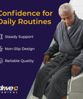Shower Chair With Back And Padded Arms, Adjustable Height Bath Seat, featuring a person demonstrating usage next to product features