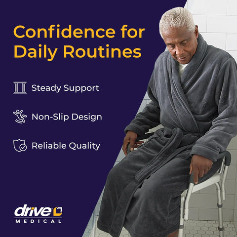 Shower Chair With Back And Padded Arms, Adjustable Height Bath Seat, featuring a person demonstrating usage next to product features