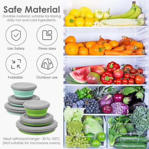Collapsible Silicone Camping Bowl Set With Lids 6 Pack Food Grade Foldable in 300ml 600ml 1000ml sizes beside stocked fridge