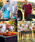 Groups enjoying outdoor BBQ, camping, and traveling with 11 Piece Stainless Steel BBQ Tool Set With Storage Bag For Outdoor Grilling Camping And Backyard Use Dad Gifts For Fathers Day Includes Tongs Spatula Fork Knife Skewers Brush And Grill Cleaning Brush.