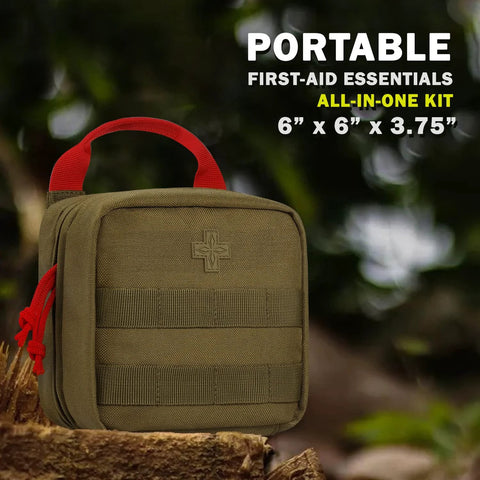 Everlit 180-piece tactical first aid kit pouch, olive-green with red carry handle and MOLLE straps