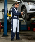 Heavy Duty Leather Blast Suit For Spray Painting And Sandblasting, Protective Denim And Leather Overalls, mechanic using tool on car