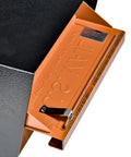 Close-up of the baffle door on the Wood Grain Curbside Locking Mailbox Built Tough Steel USPS Approved Anti Identity Theft Security.