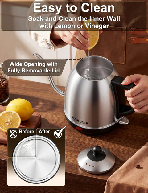 Gooseneck Electric Kettle 1L Stainless Steel Pour Over Teapot For Coffee And Tea BPA Free Fast Heating Auto Shut Off