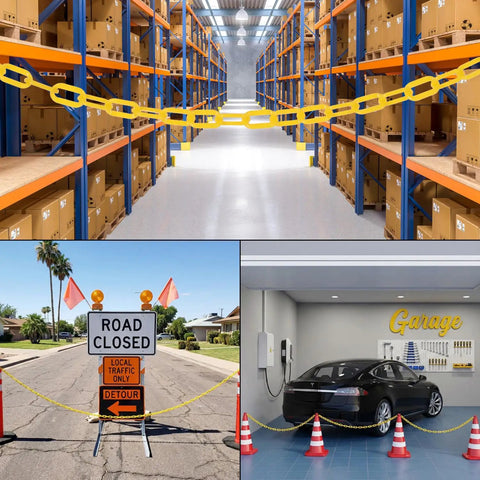 Heavy Duty 120 Ft Plastic Safety Chain With 25 S Hooks For Crowd Control And Barrier Setup All Weather UV Resistant Outdoor Chain Links used in warehouse and parking lot setups
