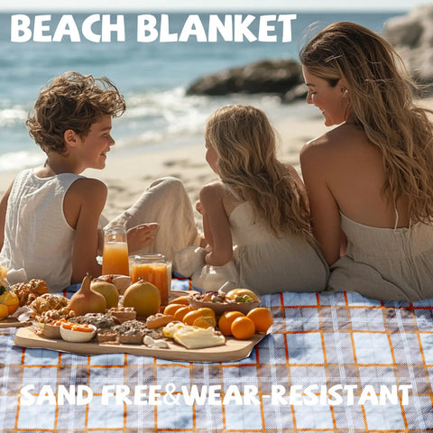 Family sitting on Oversized Picnic Blanket 80 By 80 Inches Waterproof And Sandproof For Beach Park Camp Ground Mat with food spread.