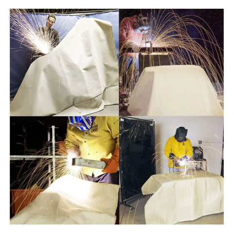 Heavy-Duty Welding Blanket For Sparks And Heat Protection, Fiberglass Fire Blanket, 10 Ft By 10 Ft in use during welding.