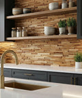 EZ-Wall 3D Teak Mosaic Tiles Mesh-Backed Wall Panels Natural Finish DIY Install Set Of 10 Tiles 21.5 X 8.25 Inches in modern kitchen