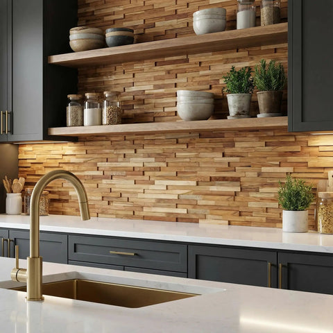 EZ-Wall 3D Teak Mosaic Tiles Mesh-Backed Wall Panels Natural Finish DIY Install Set Of 10 Tiles 21.5 X 8.25 Inches in modern kitchen