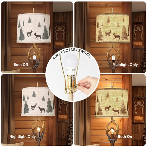 Rustic Farmhouse Antlers Floor Lamp With Nightlight, 4 way rotary switch operation showing main, nightlight, and both modes.