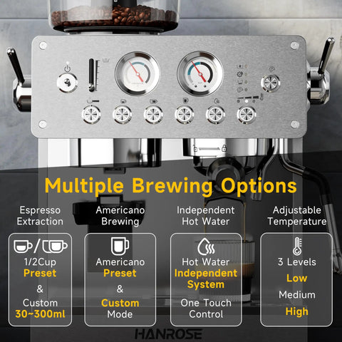 Straight Up Premium Espresso Machine With Built In Grinder And 20 Bar Pump Serving Rich Crema And Exact Temp Control featuring control panel for brewing options.