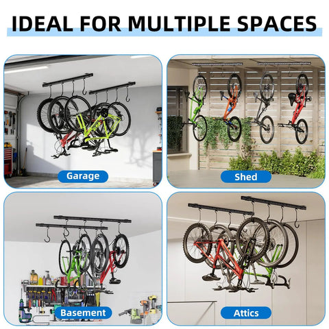 Ceiling Mounted Bike Rack for Garage Heavy Duty Indoor Metal Bike Hanger With 8 Adjustable Hooks That Holds Four To Eight Bikes Space Saving Ceiling Storage for Bikes in Garage or Basement 2 Piece Set