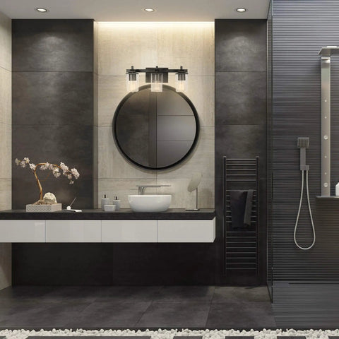 Modern bathroom with Dakota 5 Piece All In One Bathroom Set Includes Three Light Vanity Fixture With Seeded Glass Shades.