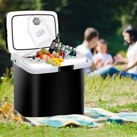 Heavy Duty 26 Liter Portable Car Cooler And Warmer With 12V Plug In Compact Electric Fridge for outdoor picnics holding drinks and snacks.