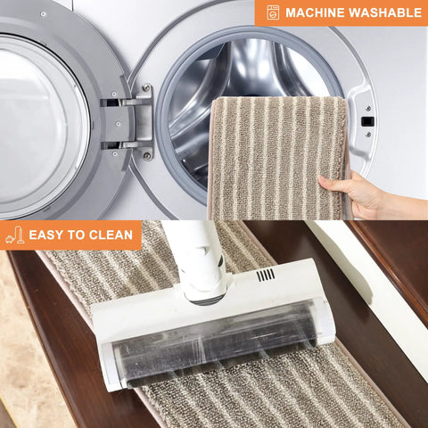 Non Slip Stair Treads For Wood Steps, Machine Washable Polyester Stair Runner Mats, 15 Pack Beige 28 By 9 Inches being cleaned