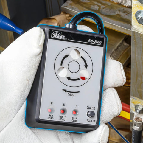 3 Phase Sequence Tester With Color Coded Insulators held by technician for accurate phase sequence and continuity checks