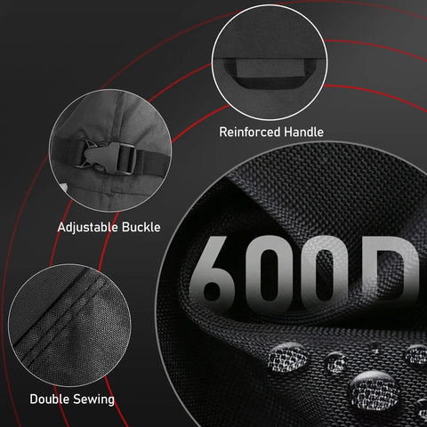 Heavy Duty 600D Waterproof Outdoor L Shaped Sectional Cover details: reinforced handle, adjustable buckle, double sewing, fabric texture.