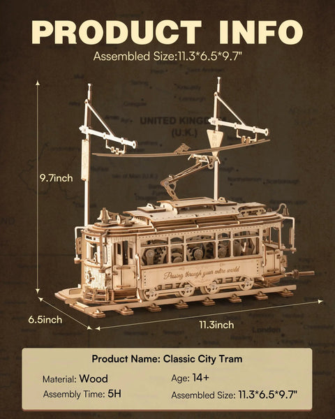 3D Wooden Puzzle Kit for Adults, Mechanical Tram Model 1:24 Scale, Car Model Replica, Intricate Gear System, Build Time About 5 Hours, Wood Building Craft, Unique Gift for Puzzle Fans and Hobbyists.